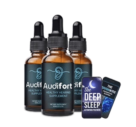 Audifort liquid dropper bottles and advertised digital bonus materials